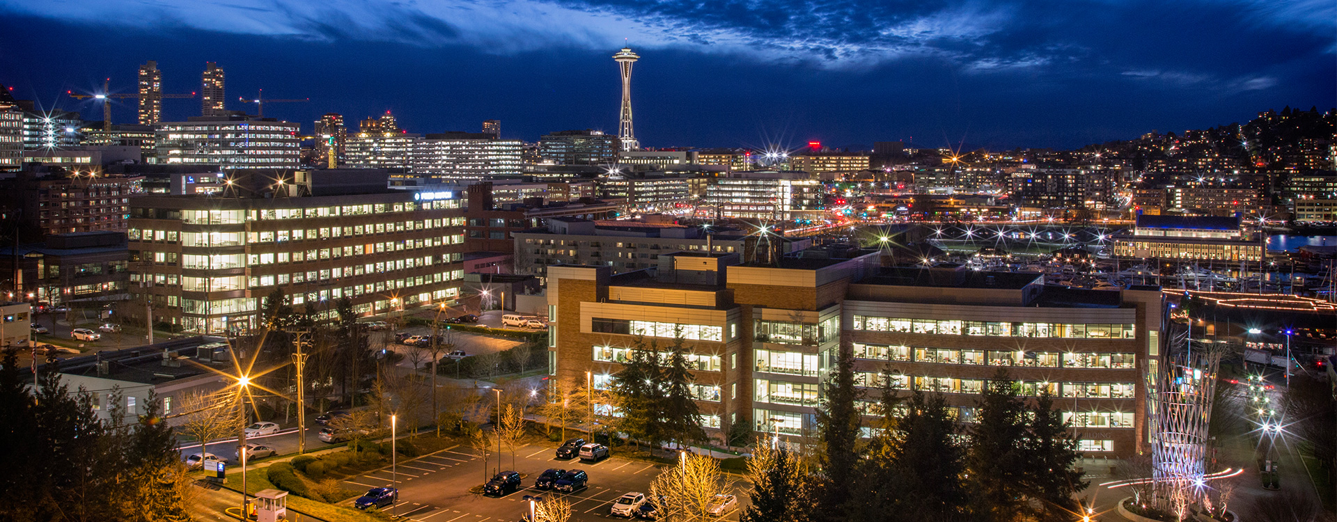 night view of Fred Hutch Cancer Center campus